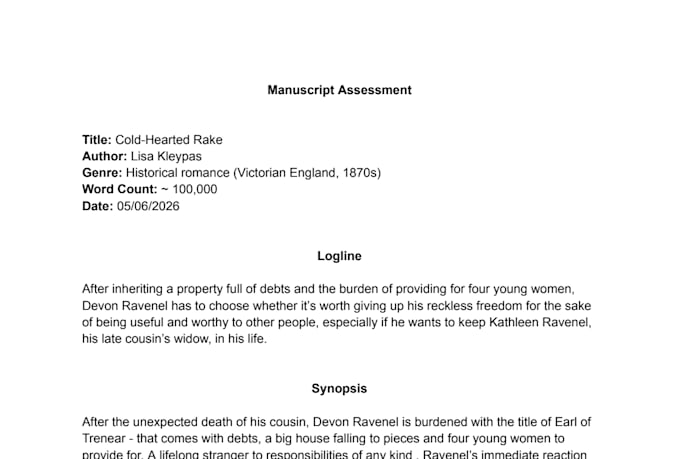 write a professional manuscript assessment for your novel